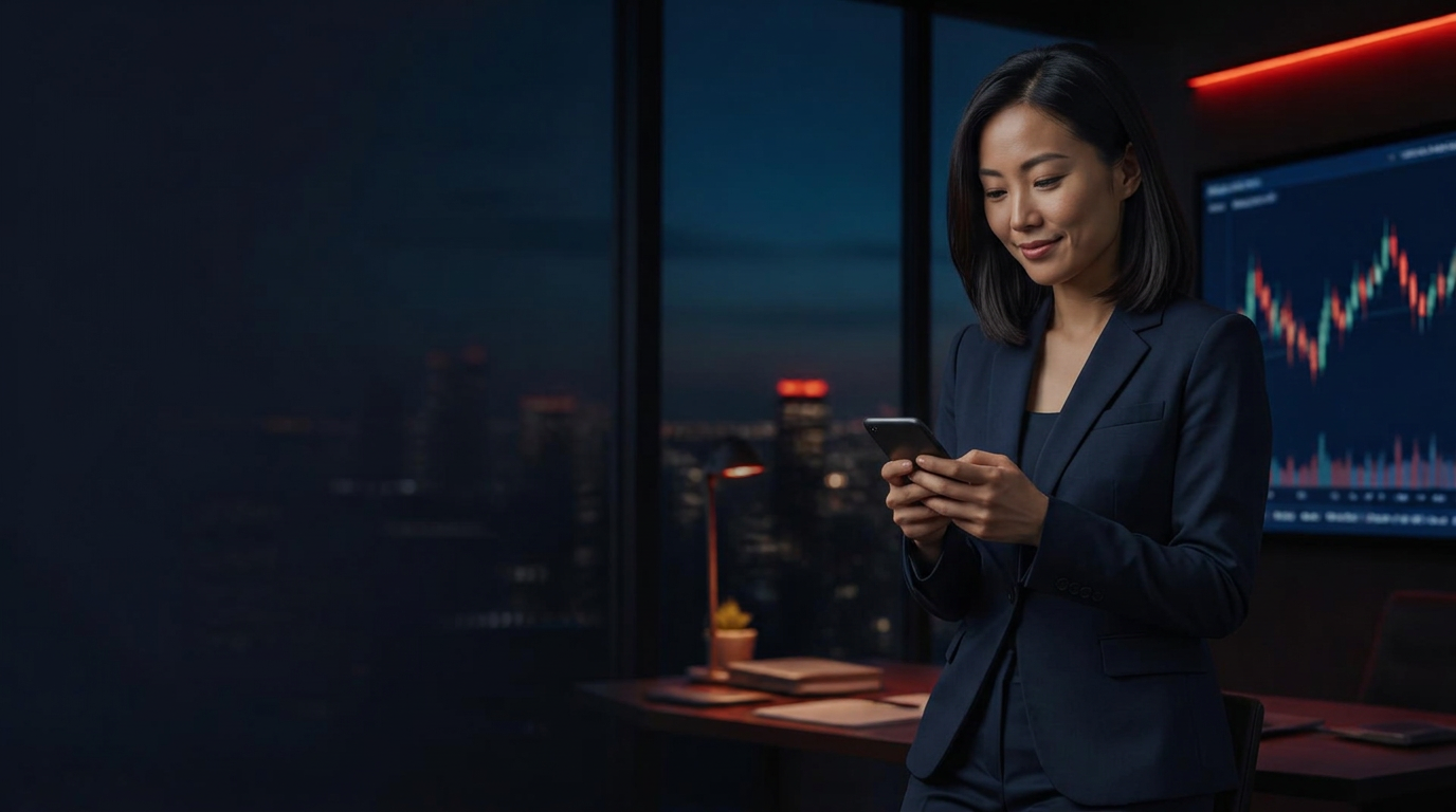 Professional Chinese trader using the RQPtrade platform on her phone
